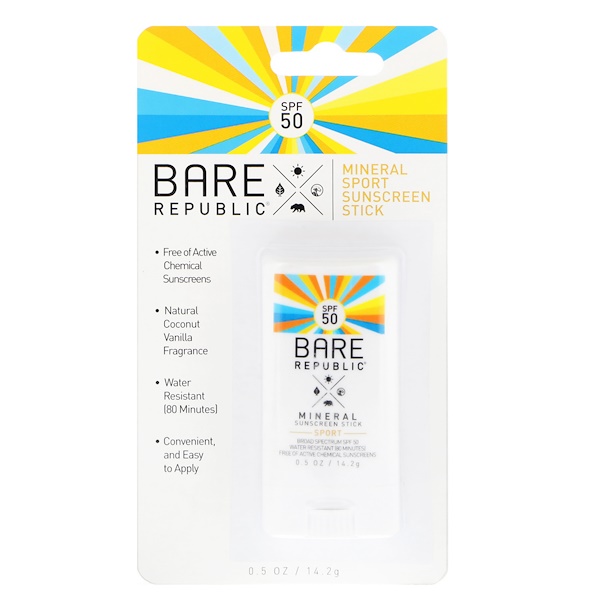 BARE REPUBLIC, MINERAL SPORT SUNSCREEN STICK, SPF 50, 0.5 OZ / 14.2g