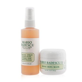 Mario Badescu Rose Mask & Mist Duo Set: Facial Spray With Aloe, Herbs And Rosewater 4oz + Rose Hips Mask 2oz  2pcs