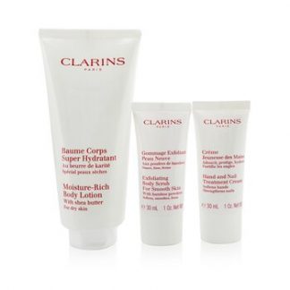 Clarins Body Care Essentials Collection: Moisture-Rich Body Lotion 200ml+ Body Scrub 30ml+ Hand & Nail Cream 30ml+ Bag  3pcs+1bag