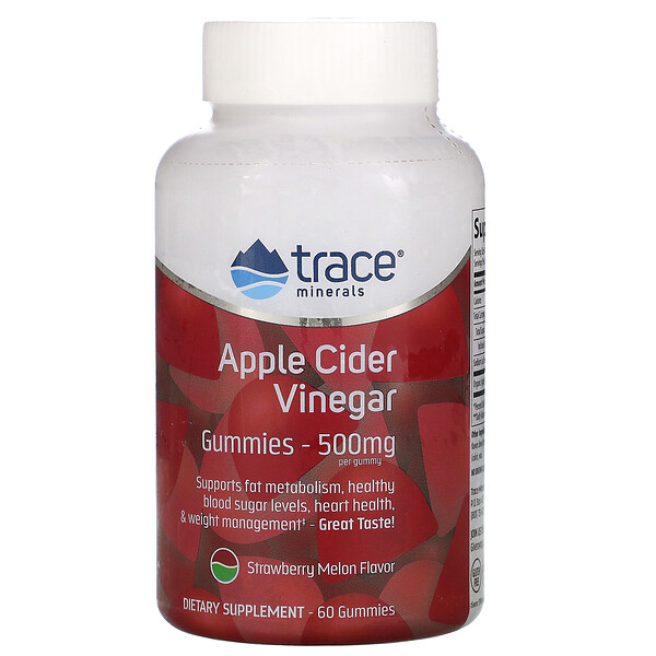 Trace Minerals ®, Apple Cider Vinegar Gummies, Strawberry Melon Flavor, 500 mg, 60 Gummies 1 Trace Minerals ®, Apple Cider Vinegar Gummies, Strawberry Melon Flavor, 500 mg, 60 Gummies