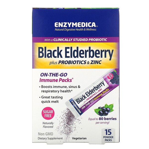 Enzymedica, Black Elderberry Plus Probiotics & Zinc, 15 Powder Packs 1 Enzymedica, Black Elderberry Plus Probiotics & Zinc, 15 Powder Packs