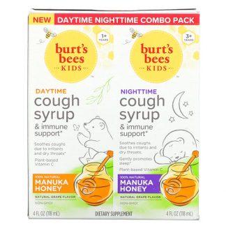 Burt's Bees, Kids, Daytime/Nighttime Cough Syrup & Immune Support, Combo Pack, Natural Grape, 2 Pack, 4 fl oz (118 ml) Each