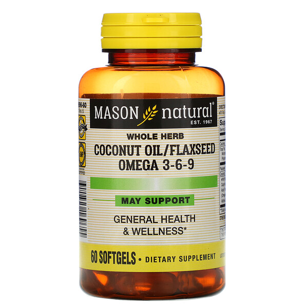 Mason Natural, Whole Herb Coconut Oil/Flaxseed Omega 3-6-9, 60 Softgels 1 Mason Natural, Whole Herb Coconut Oil/Flaxseed Omega 3-6-9, 60 Softgels