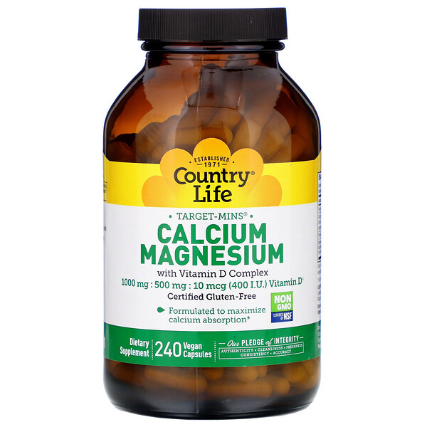 Country Life, Target-Mins Calcium Magnesium with Vitamin D Complex, 240 Vegan Capsules 1 Country Life, Target-Mins Calcium Magnesium with Vitamin D Complex, 240 Vegan Capsules