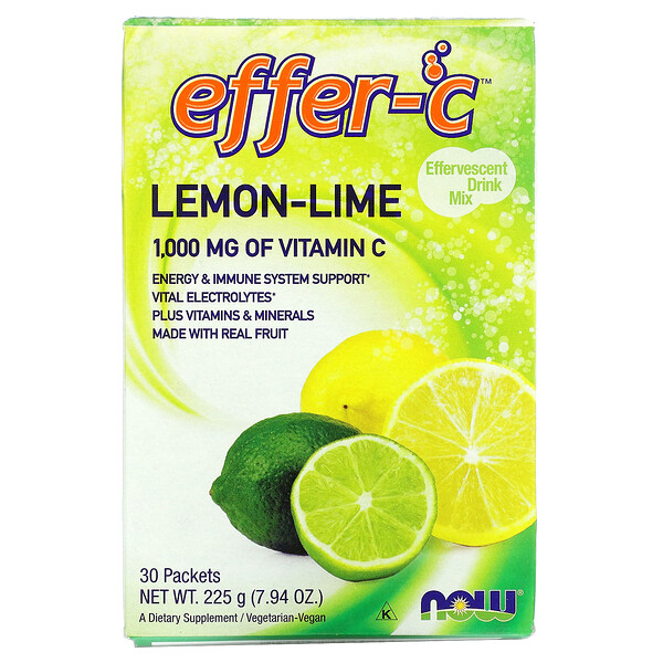 NOW Foods, Effer-C, Effervescent Drink Mix, Lemon-Lime, 1,000 mg, 30 Packets, (7 NOW Foods, Effer-C, Effervescent Drink Mix, Lemon-Lime, 1,000 mg, 30 Packets, (7.5 g) Each