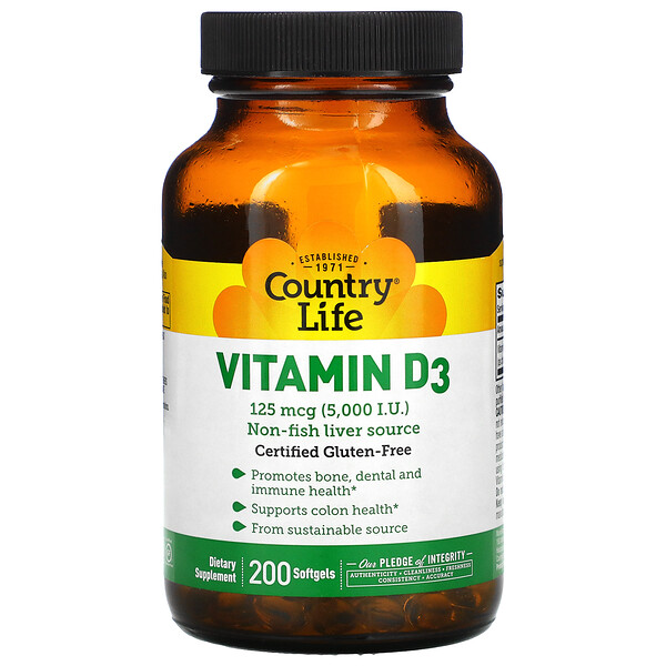 Country Life, Vitamin D3, 125 mcg (5,000 IU), 200 Softgels 1 Country Life, Vitamin D3, 125 mcg (5,000 IU), 200 Softgels
