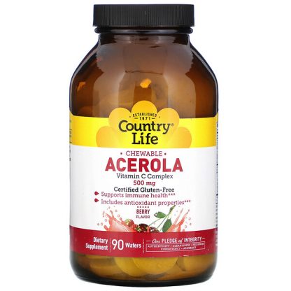 Country Life, Chewable Acerola, Vitamin C Complex, Berry, 500 mg, 90 Wafers