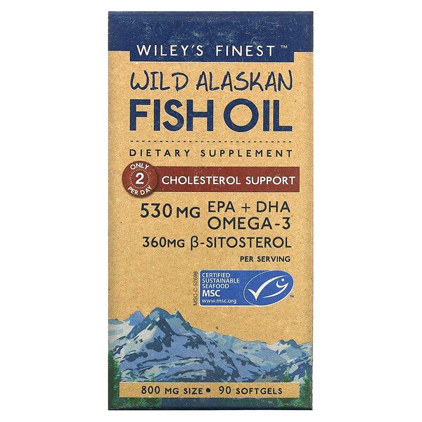 Wiley's Finest, Wild Alaskan Fish Oil, Cholesterol Support, 800 mg, 90 Softgels 1 Wiley's Finest, Wild Alaskan Fish Oil, Cholesterol Support, 800 mg, 90 Softgels