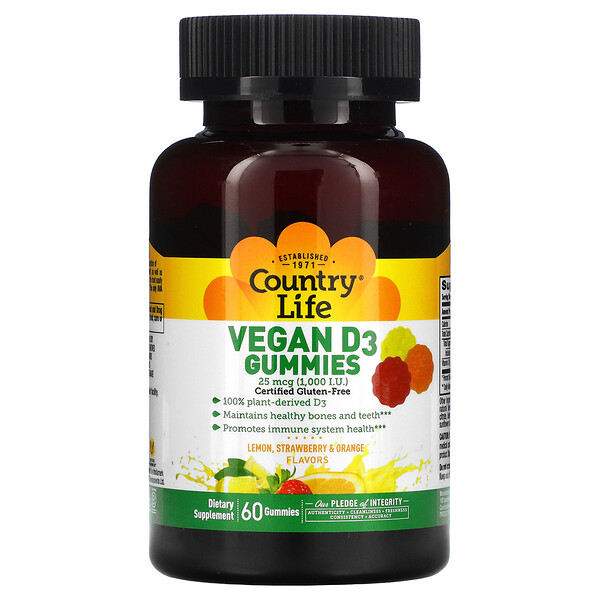 Country Life, Vegan D3 Gummies, Lemon, Strawberry & Orange Flavors, 25 mcg (1,000 IU), 60 Gummies 1 Country Life, Vegan D3 Gummies, Lemon, Strawberry & Orange Flavors, 25 mcg (1,000 IU), 60 Gummies