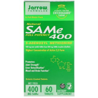 Jarrow Formulas, Natural SAM-e (S-Adenosyl-L-Methionine) 400, 400mg, 60 Enteric-Coated Tablets