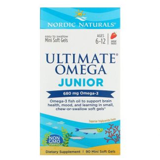 Nordic Naturals, Ultimate Omega Junior, Ages 6-12, Strawberry, 340 mg, 90 Mini Soft Gels