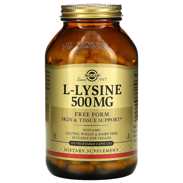 Solgar, L-Lysine, Free Form, 500 mg, 250 Vegetable Capsules 1 Solgar, L-Lysine, Free Form, 500 mg, 250 Vegetable Capsules
