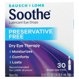 Bausch + Lomb, Soothe, Lubricant Eye Drops, Preservative Free, 30 Single-Use Vials, 0.02 fl oz (0.6 ml) Each
