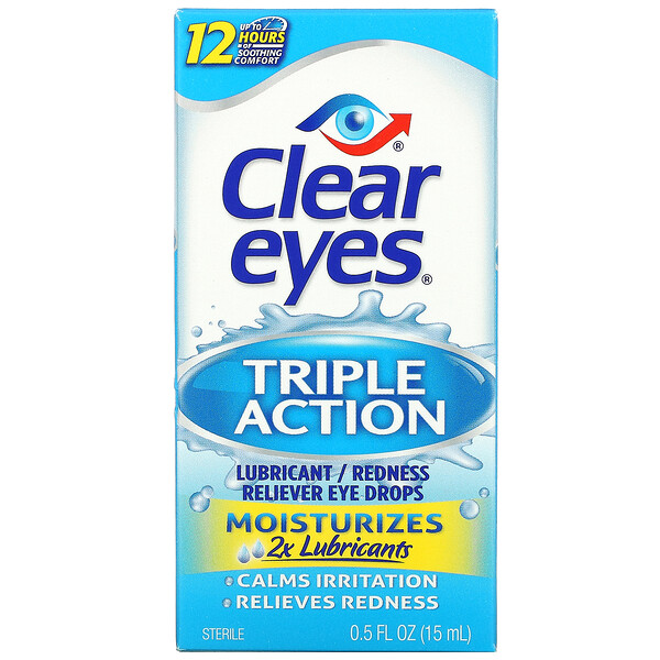 Clear Eyes, Triple Action, Lubricant/Redness Reliever Eye Drops, 0 Clear Eyes, Triple Action, Lubricant/Redness Reliever Eye Drops, 0.5 fl oz (15 ml)