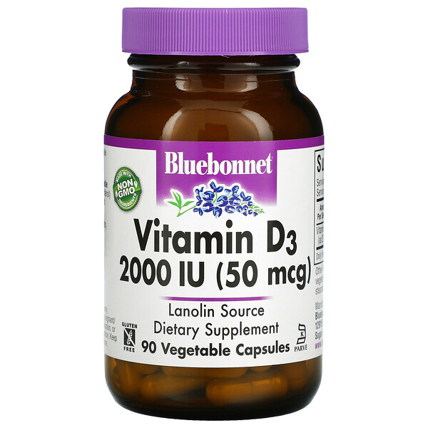 Bluebonnet Nutrition, Vitamin D3, 50 mcg (2,000 IU), 90 Vegetable Capsules 1 Bluebonnet Nutrition, Vitamin D3, 50 mcg (2,000 IU), 90 Vegetable Capsules