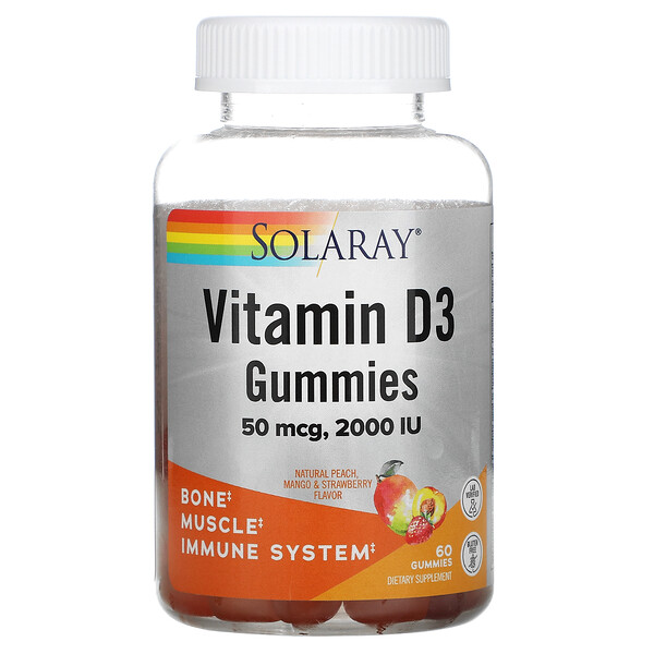 Solaray, Vitamin D3 Gummies, Natural Peach, Mango, & Strawberry, 25 mcg (1,000 IU), 60 Gummies 1 Solaray, Vitamin D3 Gummies, Natural Peach, Mango, & Strawberry, 25 mcg (1,000 IU), 60 Gummies