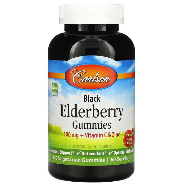 Carlson Labs, Black Elderberry Gummies + Vitamin C & Zinc, Natural Berry, 50 mg, 120 Vegetarian Gummies 1 Carlson Labs, Black Elderberry Gummies + Vitamin C & Zinc, Natural Berry, 50 mg, 120 Vegetarian Gummies