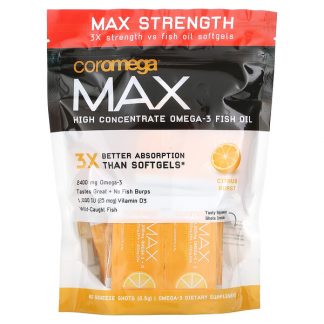 Coromega, Max, High Concentrate Omega-3 Fish Oil, Citrus Burst, 60 Squeeze Shots, (2.5 g) Each