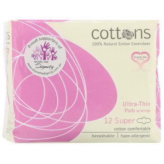 Cottons, 100% Natural Cotton Coversheet, Ultra-Thin Pads with Wings, Super, 12 Pads