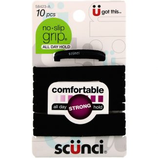 Scunci, No Slip Grip Elastics, Comfortable, All Day Strong Hold, Black, 10 Pieces