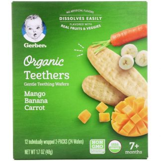 Gerber, Organic Teethers, Gentle Teething Wafers, 7+ Months, Mango Banana Carrot, 12 Packs, 2 Wafers Each