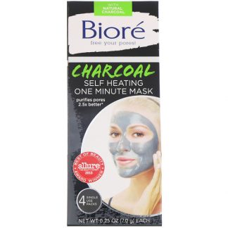 Biore, Self Heating One Minute Beauty Mask, Charcoal, 4 Single Use Packs, 0.25 oz (7.0 g) Each
