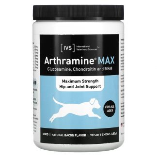International Veterinary Sciences, Arthramine Max, Maximum Strength Hip and Joint Support, Dogs, For All Ages, Natural Bacon, 90 Soft Chews