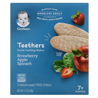 Gerber, Teethers, Gentle Teething Wafers, 7+ Months, Strawberry Apple Spinach, 12 Packs, 2 Wafers Each