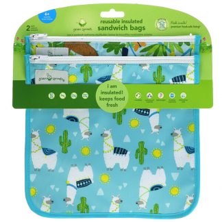 Green Sprouts, Reusable Insulated Sandwich Bags, 6+ Months, Aqua Llamas, 2 Pack