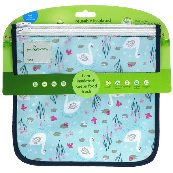 Green Sprouts, Reusable Insulated Sandwich Bags, 6+ Month, Aqua Swan, 2 Pack 1 Green Sprouts, Reusable Insulated Sandwich Bags, 6+ Month, Aqua Swan, 2 Pack