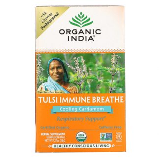 Organic India, Tulsi Immune Breathe, Cooling Cardamom, Caffeine-Free, 18 Infusion Bags, 1.27 oz (36 g)
