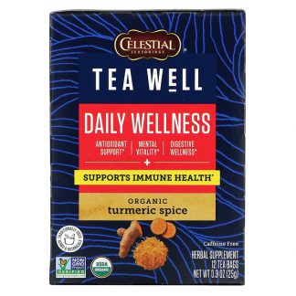 Celestial Seasonings, Herbal Tea, Daily Wellness, Organic Turmeric Spice, Caffeine Free, 12 Tea Bags, 0.07 oz (2.2 g) Each