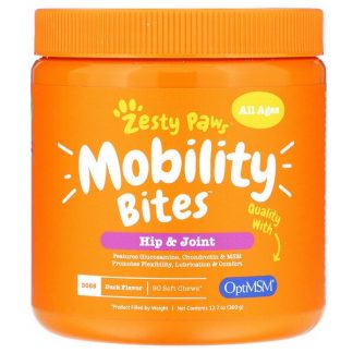 Zesty Paws, Mobility Bites for Dogs, Hip and Joint, All Ages, Duck Flavor, 90 Soft Chews, 12.7 oz (360 g)