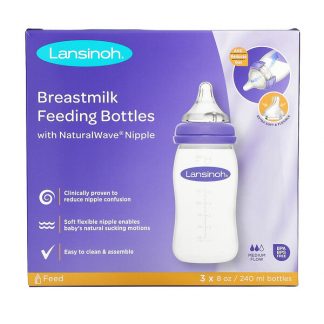 Lansinoh, Breastmilk Feeding Bottles with NaturalWave Nipple, Medium Flow, 3 Bottles, 8 oz (240 ml) Each