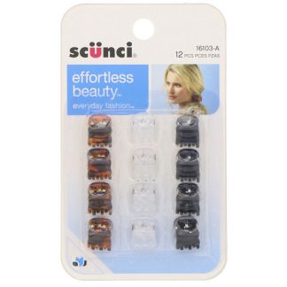 Scunci, Effortless Beauty, Mini Jaw Clips, Assorted Colors, 12 Pieces