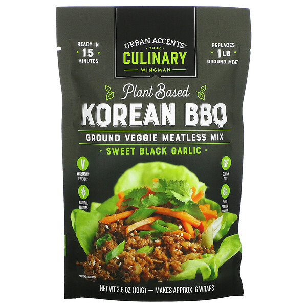 Urban Accents, Plant Based Korean BBQ, Ground Veggie Meatless Mix, Sweet Black Garlic, 3 Urban Accents, Plant Based Korean BBQ, Ground Veggie Meatless Mix, Sweet Black Garlic, 3.6 oz (101 g)