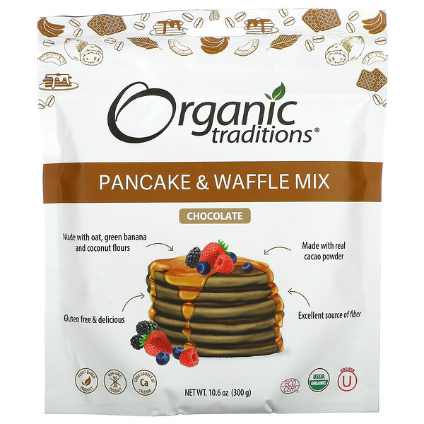 Organic Traditions, Pancake & Waffle Mix, Chocolate, 10 Organic Traditions, Pancake & Waffle Mix, Chocolate, 10.6 oz (300 g)