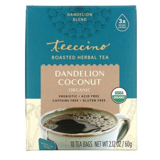 Teeccino, Organic Roasted Herbal Tea, Dandelion Coconut, Caffeine Free, 10 Tea Bags, 2.12 oz (60 g)