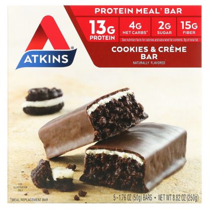 Atkins, Protein Meal Bar, Cookies & Creme Bar, 5 Bars, 1.76 oz (50 g) Each