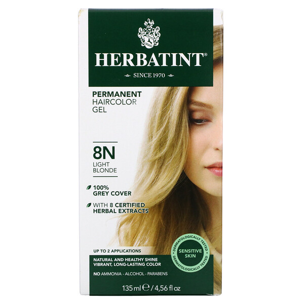 Herbatint, Permanent Haircolor Gel, 8N, Light Blonde, 4 Herbatint, Permanent Haircolor Gel, 8N, Light Blonde, 4.56 fl oz (135 ml)