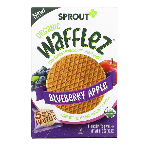 Sprout Organic, Wafflez, Blueberry Apple, 5 Packets, 0 Sprout Organic, Wafflez, Blueberry Apple, 5 Packets, 0.63 oz (18 g)