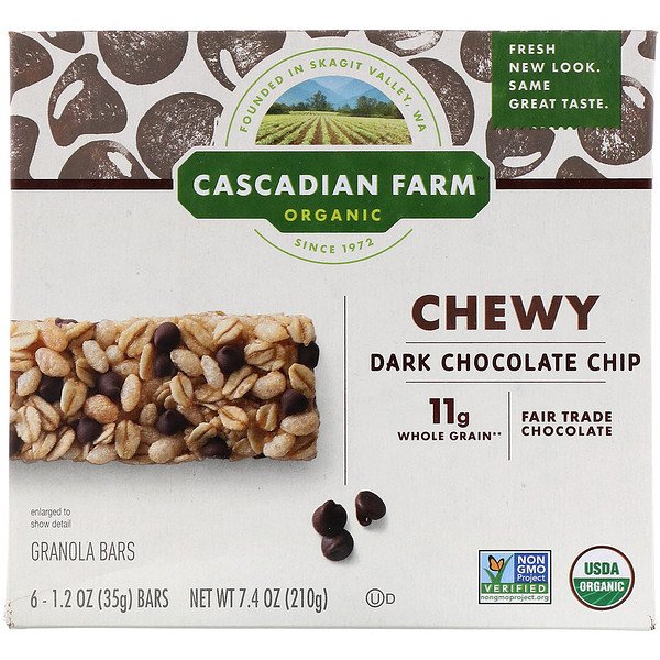 Cascadian Farm, Organic Chewy Granola Bars, Dark Chocolate Chip, 6 Bars, 1 Cascadian Farm, Organic Chewy Granola Bars, Dark Chocolate Chip, 6 Bars, 1.2 oz (35 g) Each