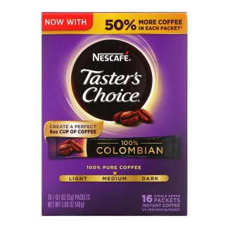 Nescafé, Taster's Choice, Instant Coffee, 100% Colombian, Medium Roast, 16 Packets, 0.1 oz (3 g) Each
