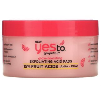 Yes To, Grapefruit, Glow-Boosting Exfoliating Acid Pads, 12 Quilted Double-Sided Pads