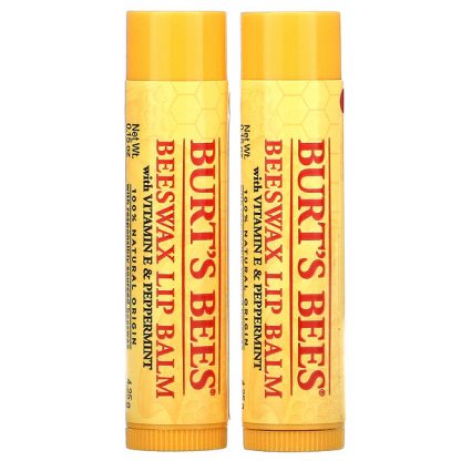 Burt's Bees, Beeswax Lip Balm, With VItamin E & Peppermint, 2 Pack, 0.15 oz (4.25 g) Each