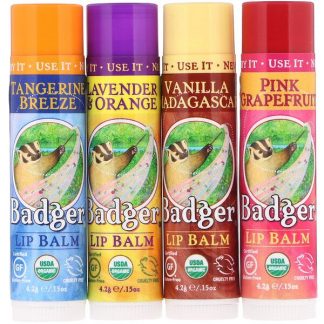 Badger Company, Organic Classic Lip Balm Sticks, Green Box, 4 Lip Balm Sticks, .15 oz (4.2 g) Each