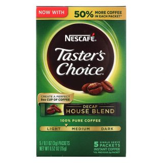 Nescafé, Taster's Choice, Instant Coffee, House Blend, Light/Medium Roast, Decaf, 5 Packets, 0.1 oz (3 g) Each