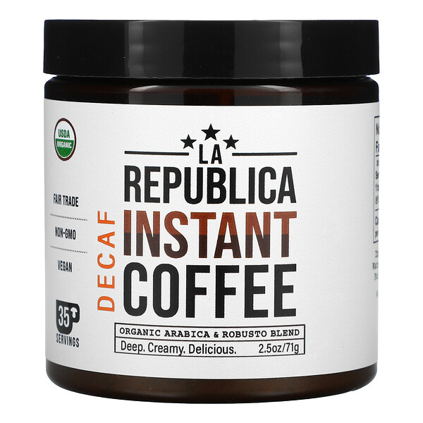 LA Republica, Instant Coffee, Organic Arabica & Robusto Blend, Decaf, 2 LA Republica, Instant Coffee, Organic Arabica & Robusto Blend, Decaf, 2.5 oz (71 g)